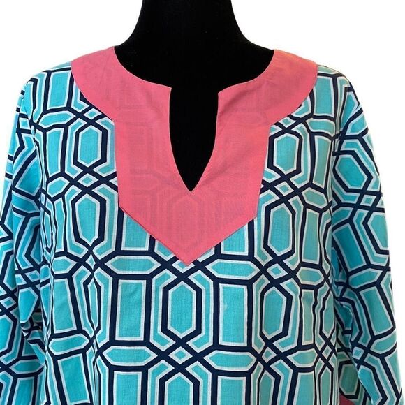 Simply Southern‎ Teal, Navy, and White Tunic with Pink Trim Size Large - Picture 2 of 14